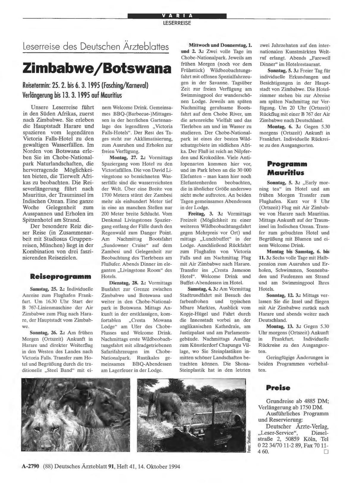 Vorschauseite 1: Leserreise des Deutschen Ärzteblattes: Zimbabwe/Botswana Reisetermin: 25. 2. bis 6. 3. 1995 (Fasching/Karneval) Verlängerung bis 13. 3. 1995 auf Mauritius