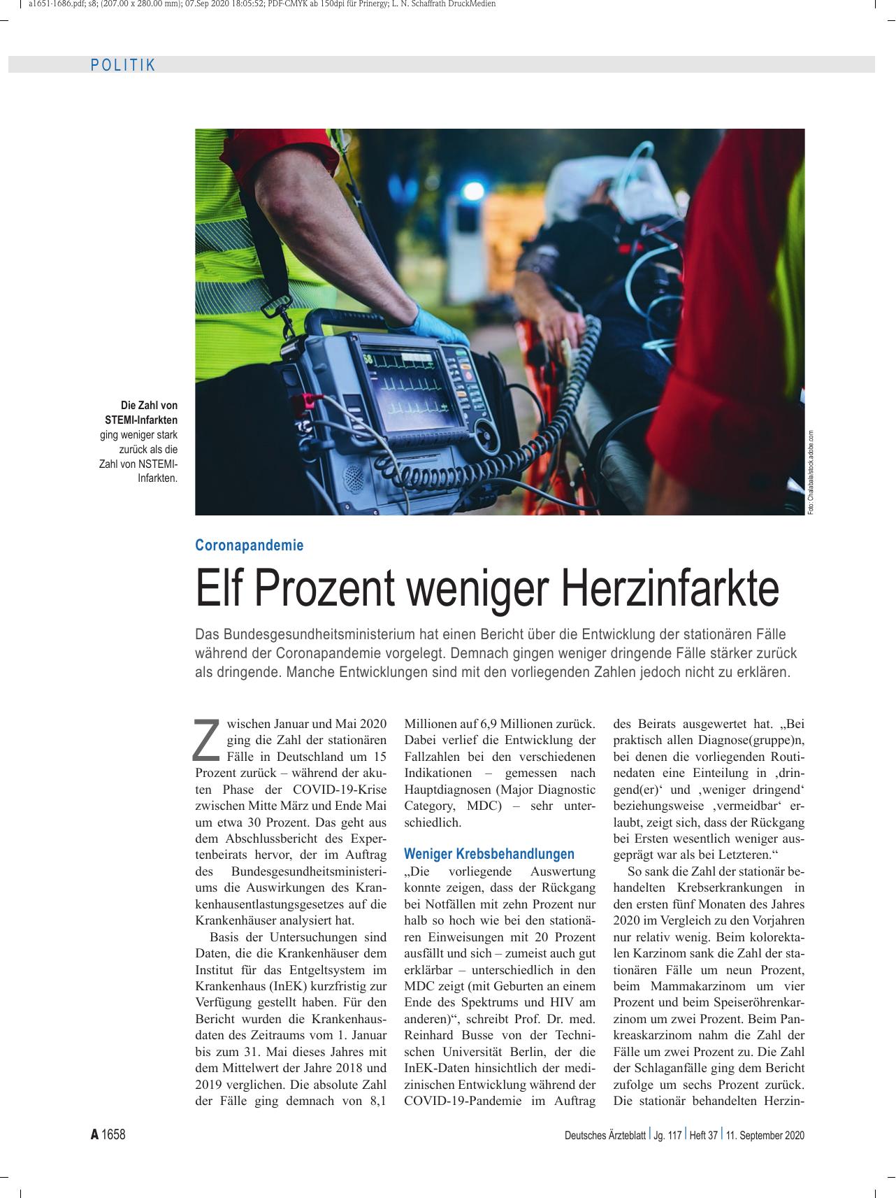Vorschauseite 1: Coronapandemie: Elf Prozent weniger Herzinfarkte