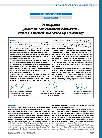 Vorschauseite 1: Stellungnahme „Zukunft der deutschen Universitätsmedizin - kritische Faktoren für eine nachhaltige Entwicklung“