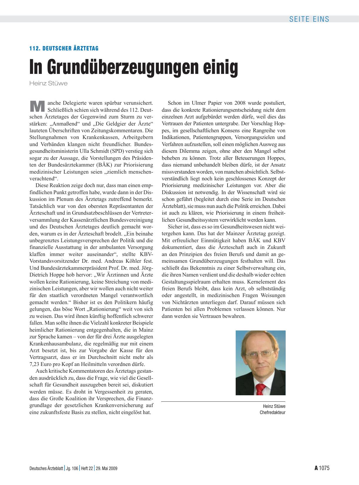 Vorschauseite 1: 112. Deutscher Ärztetag: In Grundüberzeugungen einig