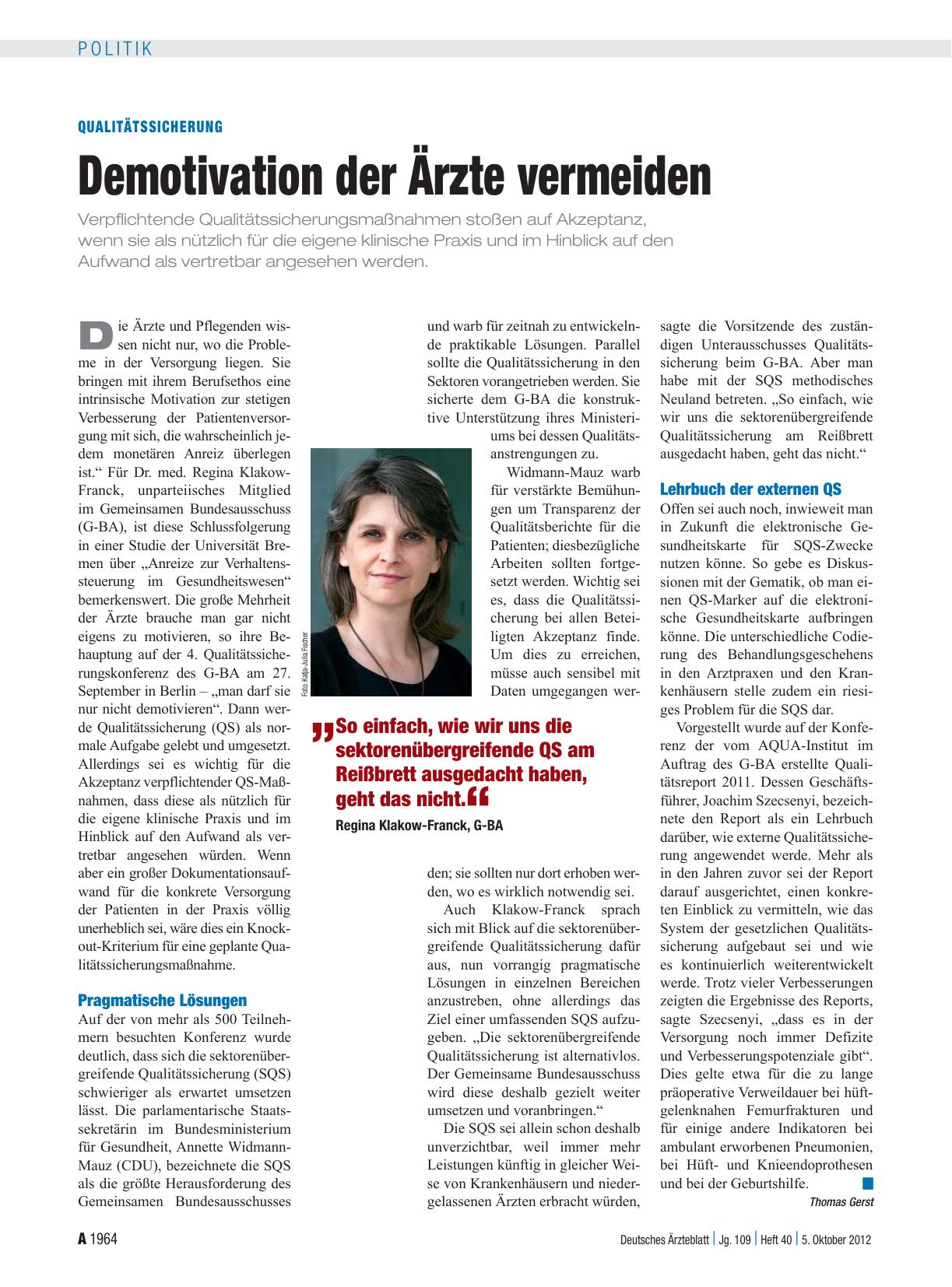 Vorschauseite 1: Qualitätssicherung: Demotivation der Ärzte vermeiden