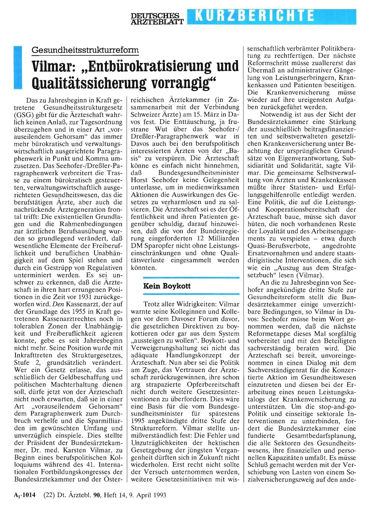 Vorschauseite 1: Gesundheitsstrukturreform: Vilmar: „Entbürokratisierung und Qualitätssicherung vorrangig“
