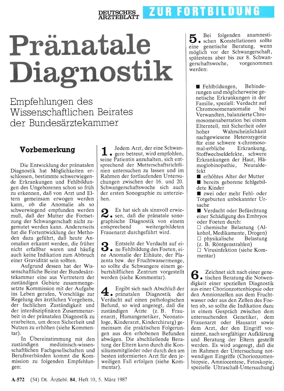 Vorschauseite 1: Empfehlungen des Wissenschaftlichen Beirates der Bundesärztekammer: Pränatale Diagnostik
