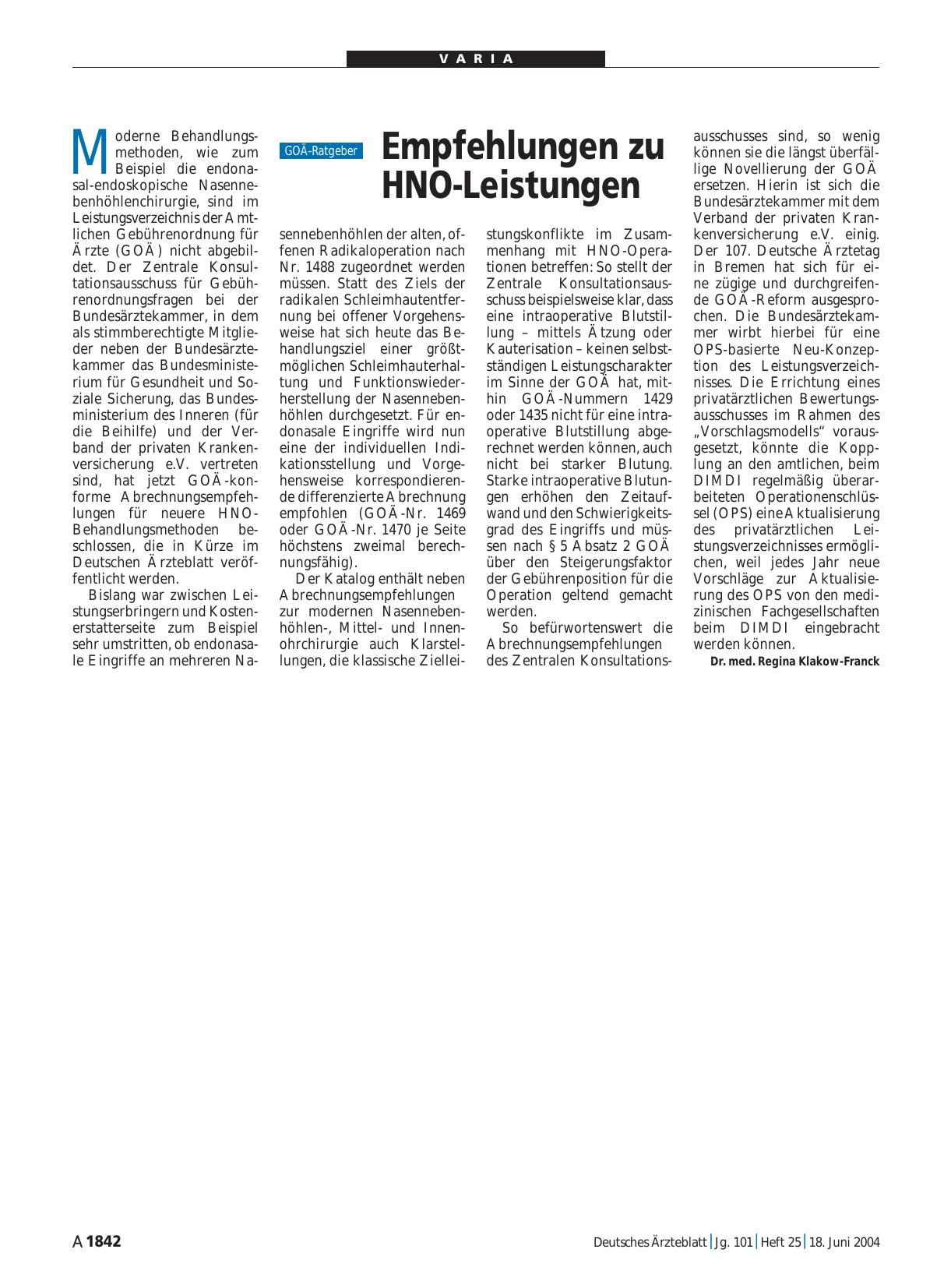Vorschauseite 1: Empfehlungen zu HNO-Leistungen