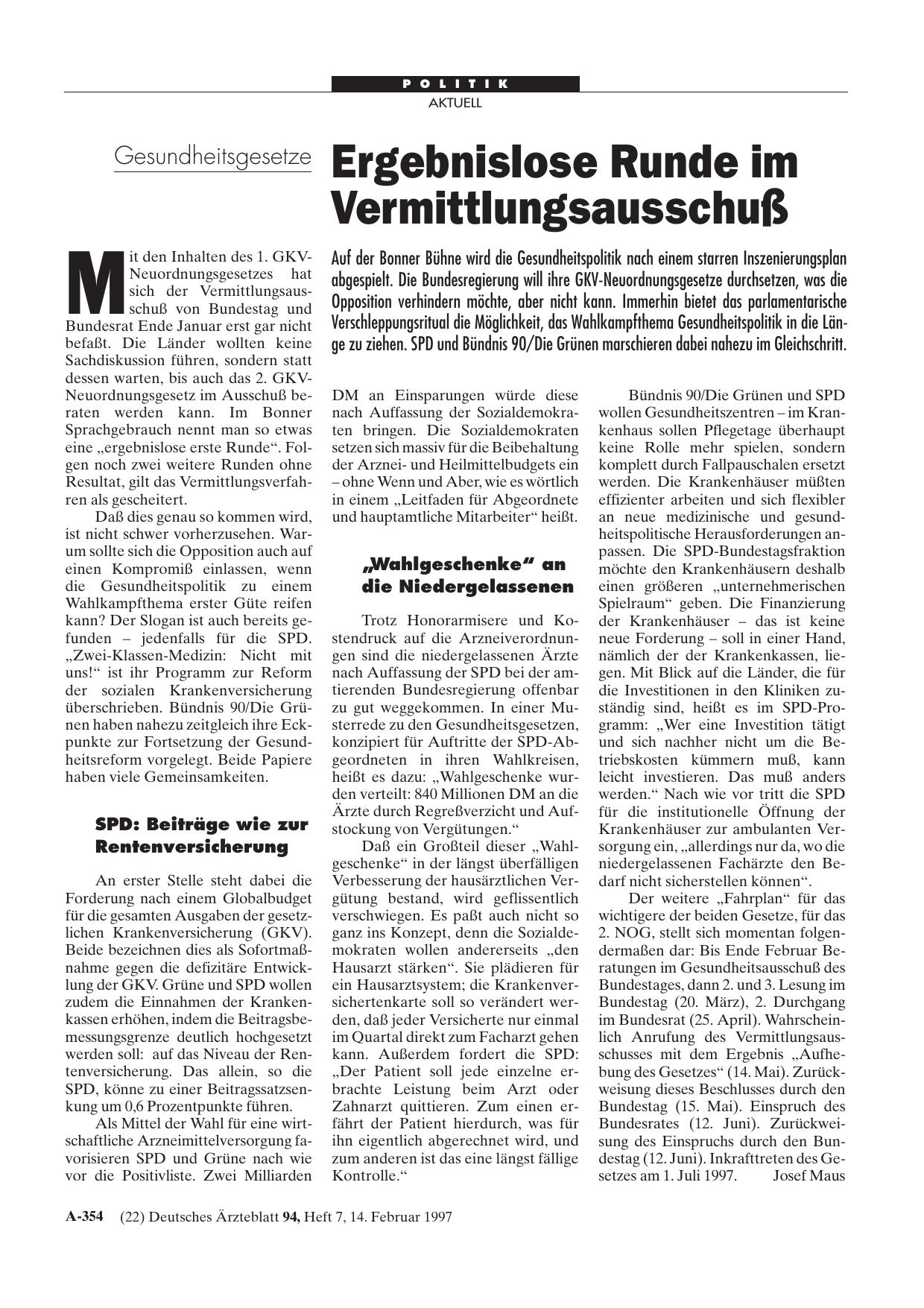 Vorschauseite 1: Gesundheitsgesetze: Ergebnislose Runde im Vermittlungsausschuß