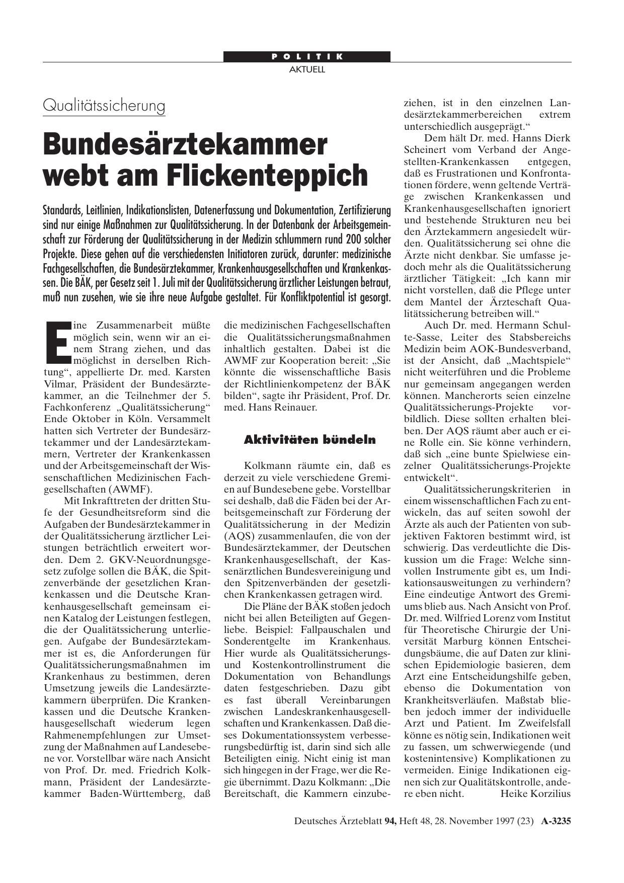 Vorschauseite 1: Qualitätssicherung: Bundesärztekammer webt am Flickenteppich