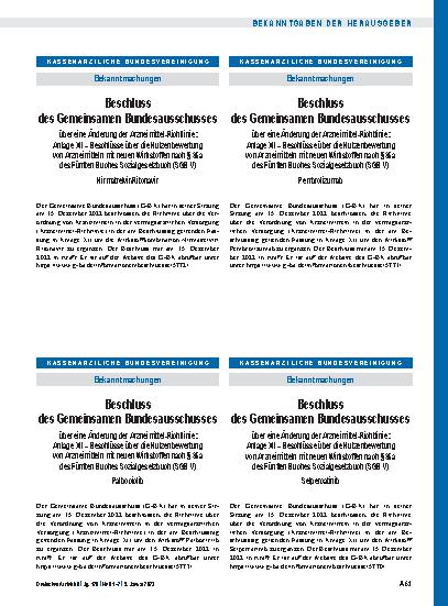 Vorschauseite 1: Beschluss des Gemeinsamen Bundesausschusses über eine Änderung der Arzneimittel-Richtlinie: Anlage XII – Palbociclib