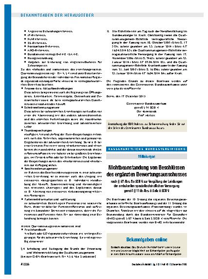 Vorschauseite 1: Nichtbeanstandung von Beschlüssen des ergänzten Bewertungsausschusses nach § 87 Abs. 5a SGB V zur Vergütung der Leistungen der ambulanten spezialfachärztlichen Versorgung gemäß §…