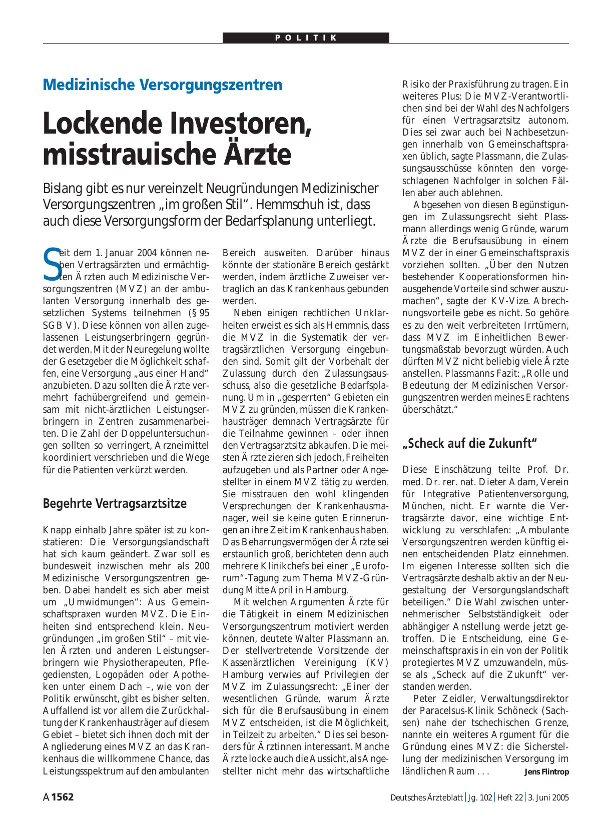 Vorschauseite 1: Medizinische Versorgungszentren: Lockende Investoren, misstrauische Ärzte