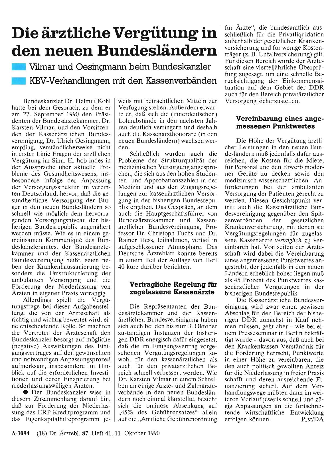 Vorschauseite 1: Die ärztliche Vergütung in den neuen Bundesländern: Vilmar und Oesingmann beim Bundeskanzler - KBV-Verhandlungen mit den Kassenverbänden