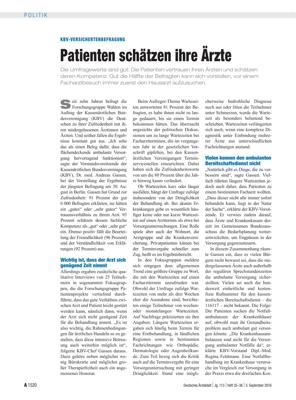 Vorschauseite 1: KBV-Versichertenbefragung: Patienten schätzen ihre Ärzte