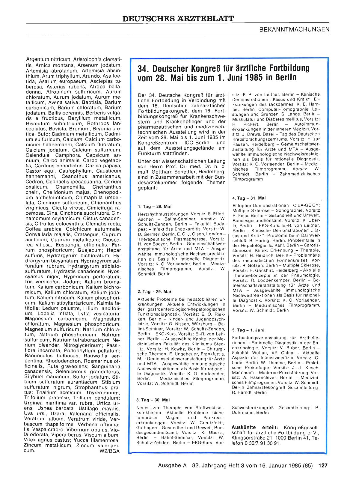 Vorschauseite 1: 34. Deutscher Kongreß für ärztliche Fortbildung vom 28. Mai bis zum 1. Juni 1985 in Berlin