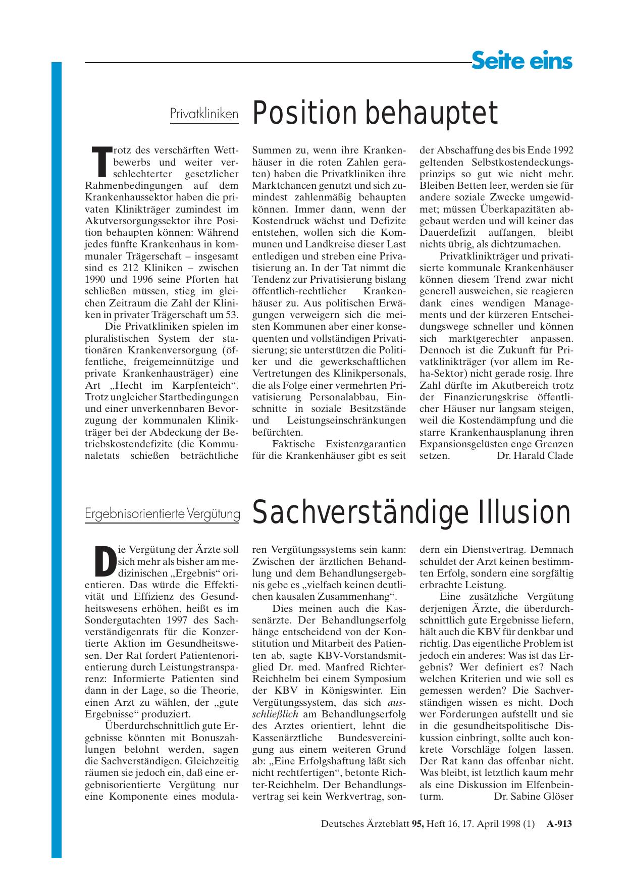 Vorschauseite 1: Privatkliniken: Position behauptet