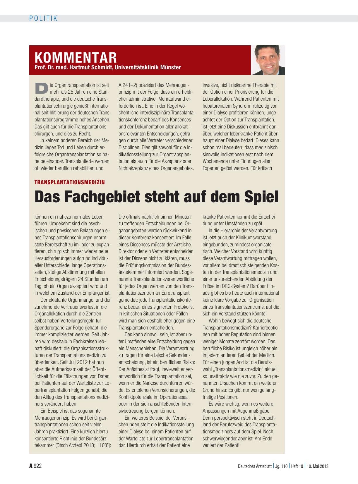 Vorschauseite 1: Transplantationsmedizin: Das Fachgebiet steht auf dem Spiel