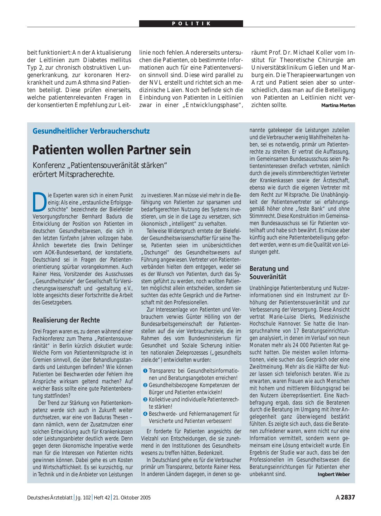 Vorschauseite 1: Gesundheitlicher Verbraucherschutz: Patienten wollen Partner sein