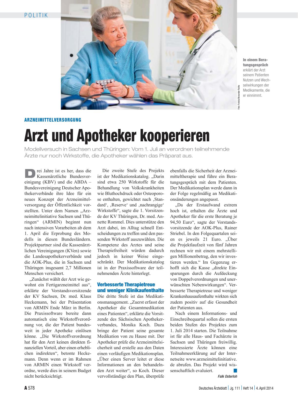 Vorschauseite 1: Arzneimittelversorgung: Arzt und Apotheker kooperieren