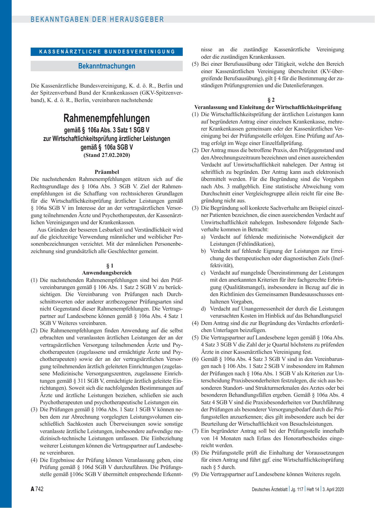 Vorschauseite 1: Rahmenempfehlungen gemäß § 106a Abs. 3 Satz 1 SGB V zur Wirtschaftlichkeitsprüfung ärztlicher Leistungen gemäß § 106a SGB V