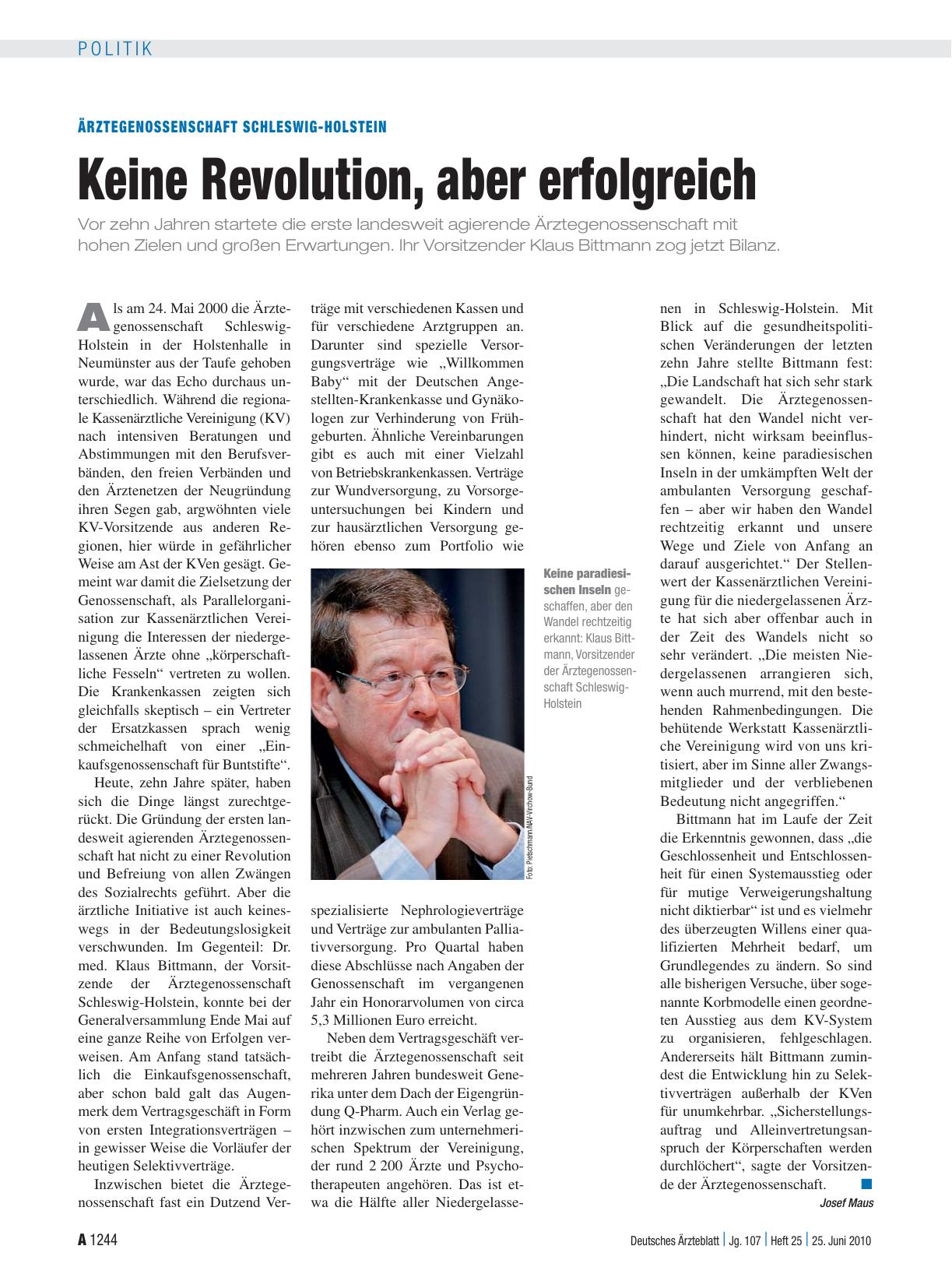 Vorschauseite 1: Ärztegenossenschaft Schleswig-Holstein: Keine Revolution, aber erfolgreich