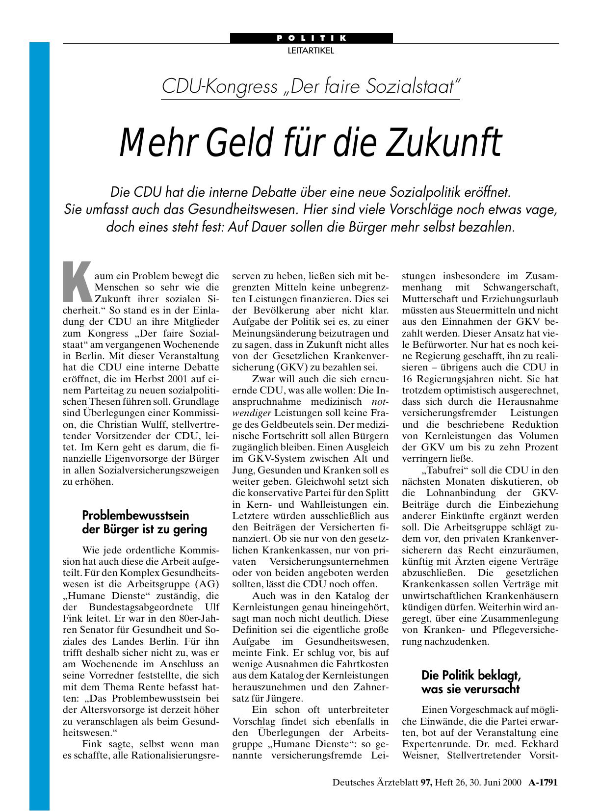 Vorschauseite 1: CDU-Kongress „Der faire Sozialstaat“: Mehr Geld für die Zukunft
