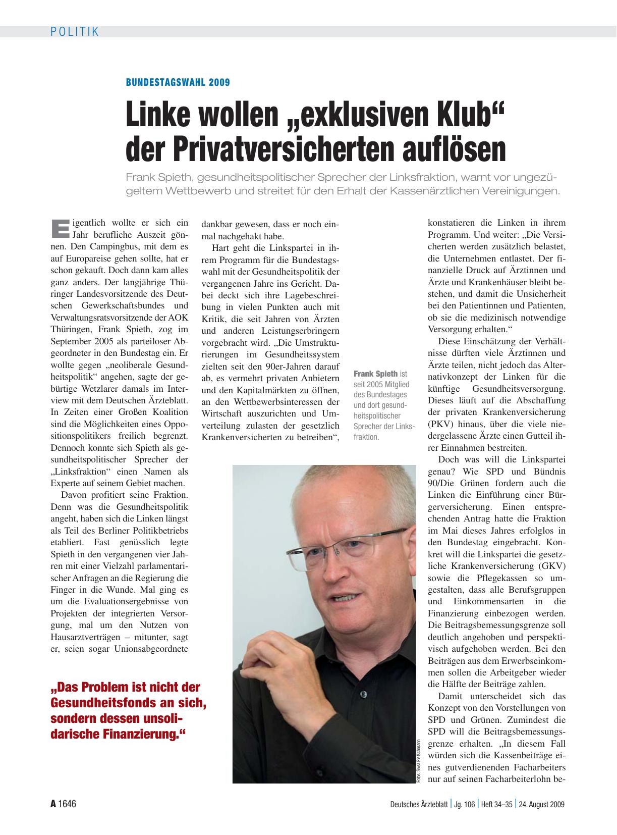 Vorschauseite 1: Bundestagswahl 2009: Linke wollen „exklusiven Klub“ der Privatversicherten auflösen
