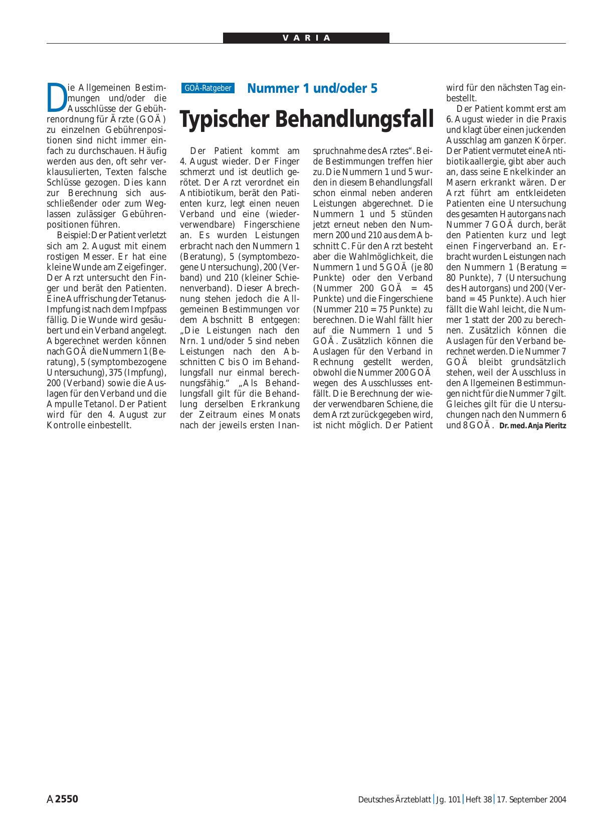 Vorschauseite 1: Nummer 1 und/oder 5: Typischer Behandlungsfall