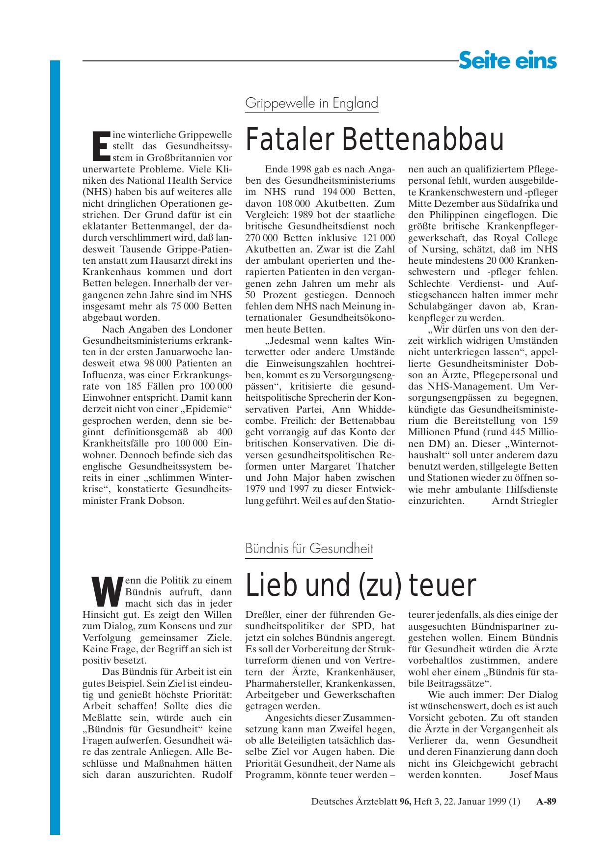 Vorschauseite 1: Bündnis für Gesundheit: Lieb und (zu) teuer