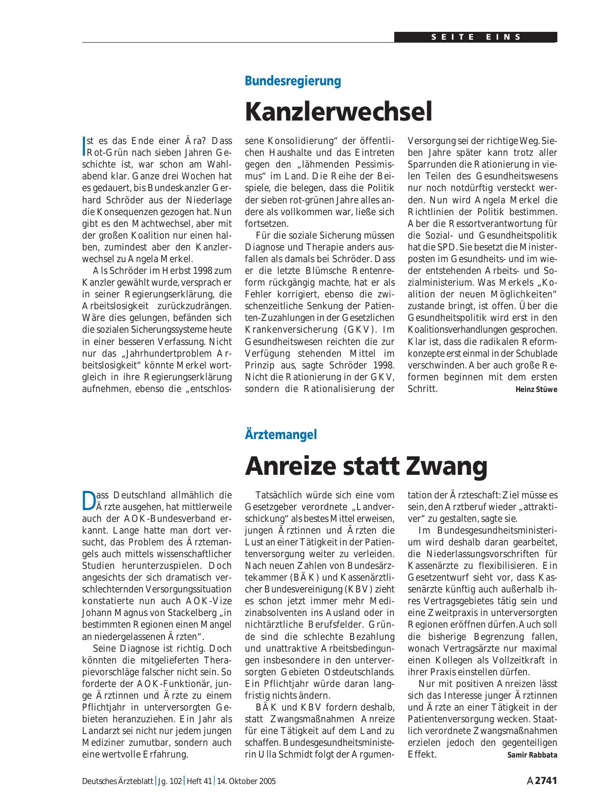 Vorschauseite 1: Bundesregierung: Kanzlerwechsel