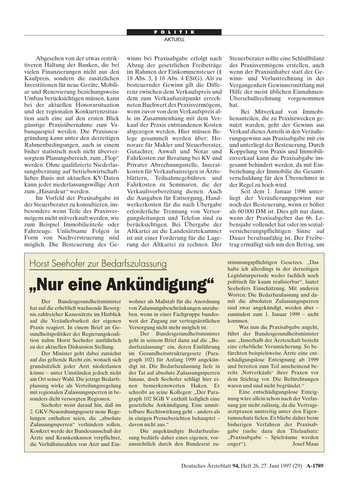 Vorschauseite 1: Horst Seehofer zur Bedarfszulassung: „Nur eine Ankündigung“