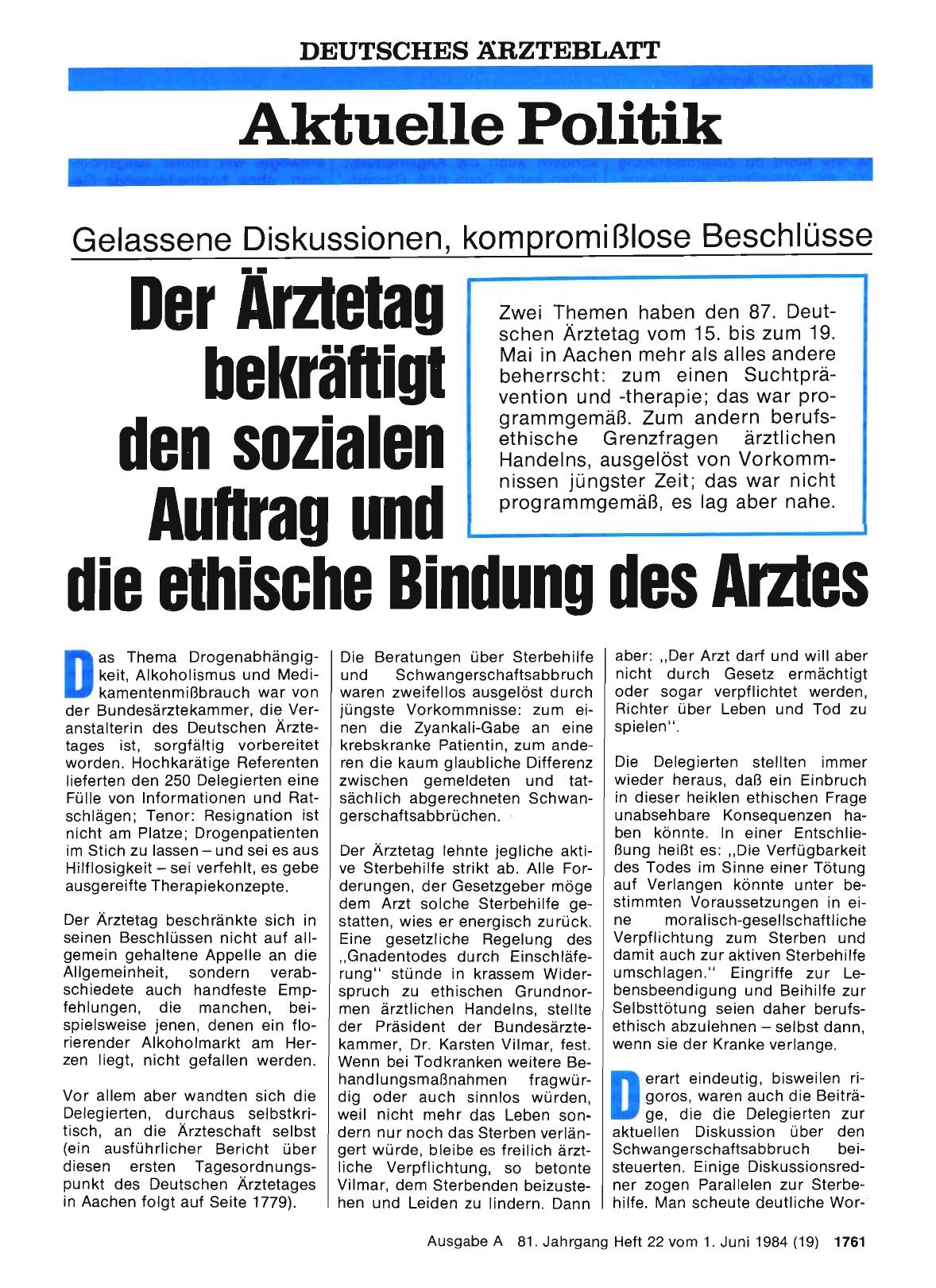 Vorschauseite 1: Der Ärztetag bekräftigt den sozialen Auftrag und die ethische Bindung des Arztes