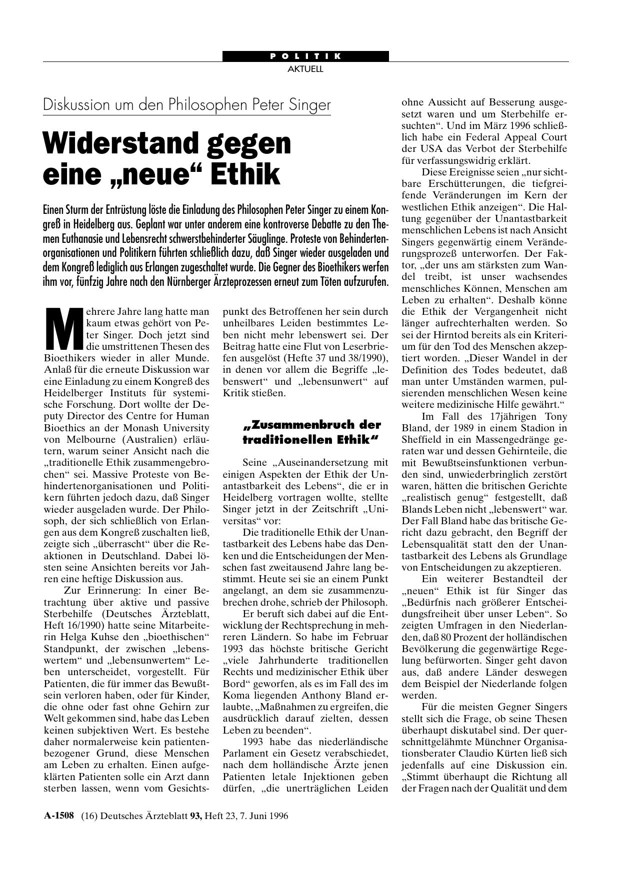 Vorschauseite 1: Diskussion um den Philosophen Peter Singer: Widerstand gegen eine „neue“ Ethik