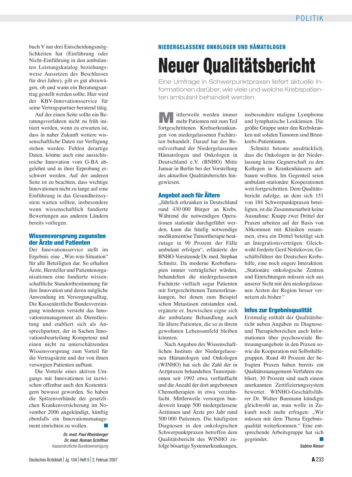 Vorschauseite 1: Niedergelassene Onkologen und Hämatologen: Neuer Qualitätsbericht