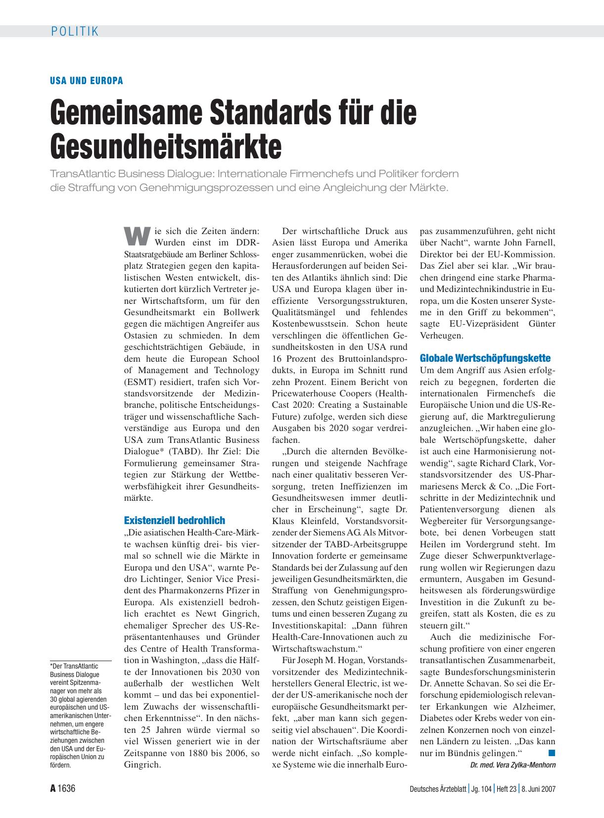 Vorschauseite 1: USA und Europa: Gemeinsame Standards für die Gesundheitsmärkte
