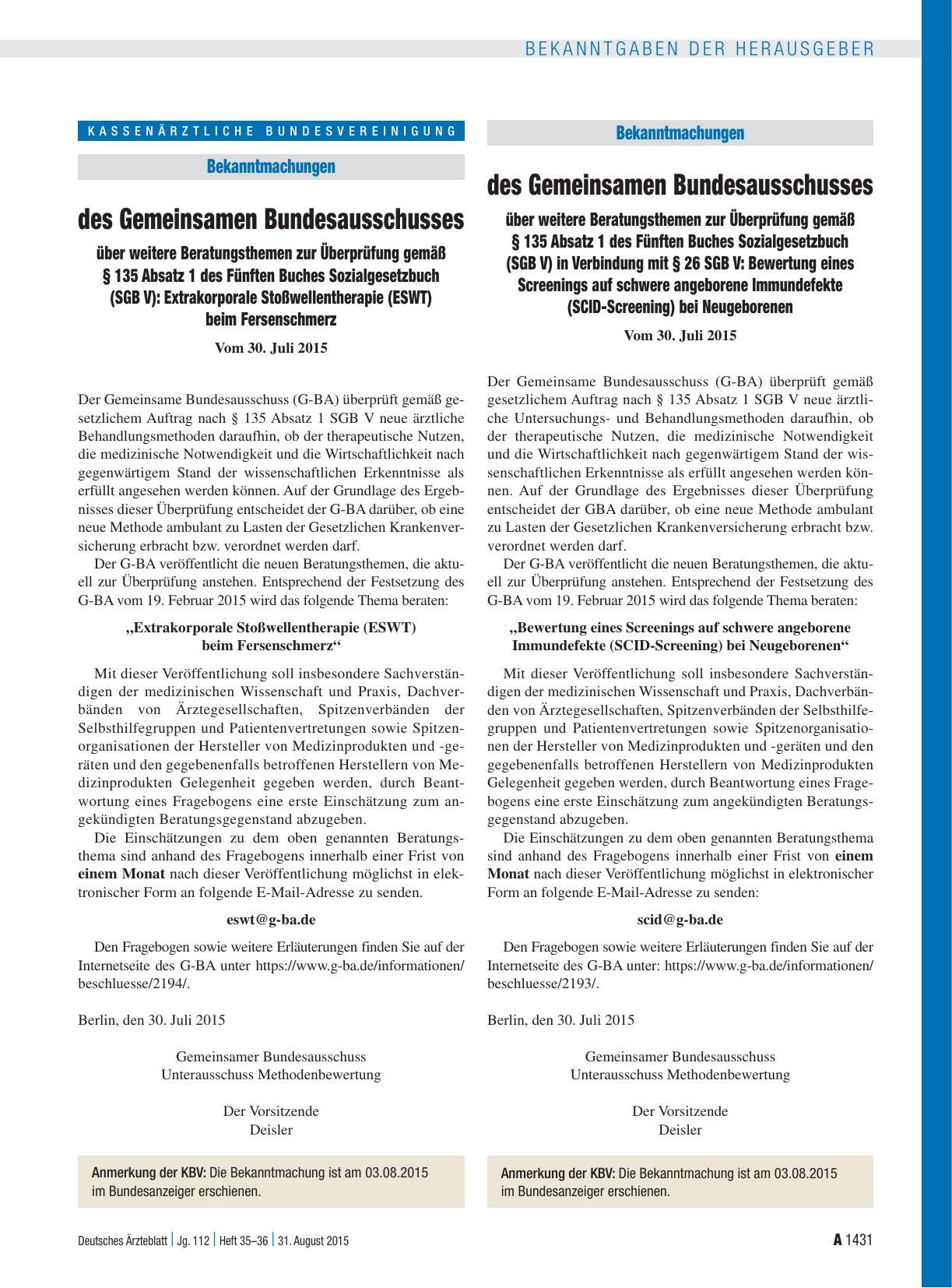 Vorschauseite 1: Bekanntmachungen des Gemeinsamen Bundesausschusses über weitere Beratungsthemen zur Überprüfung gemäß § 135 Absatz 1 des Fünften Buches Sozialgesetzbuch (SGB V) in Verbindung mit…