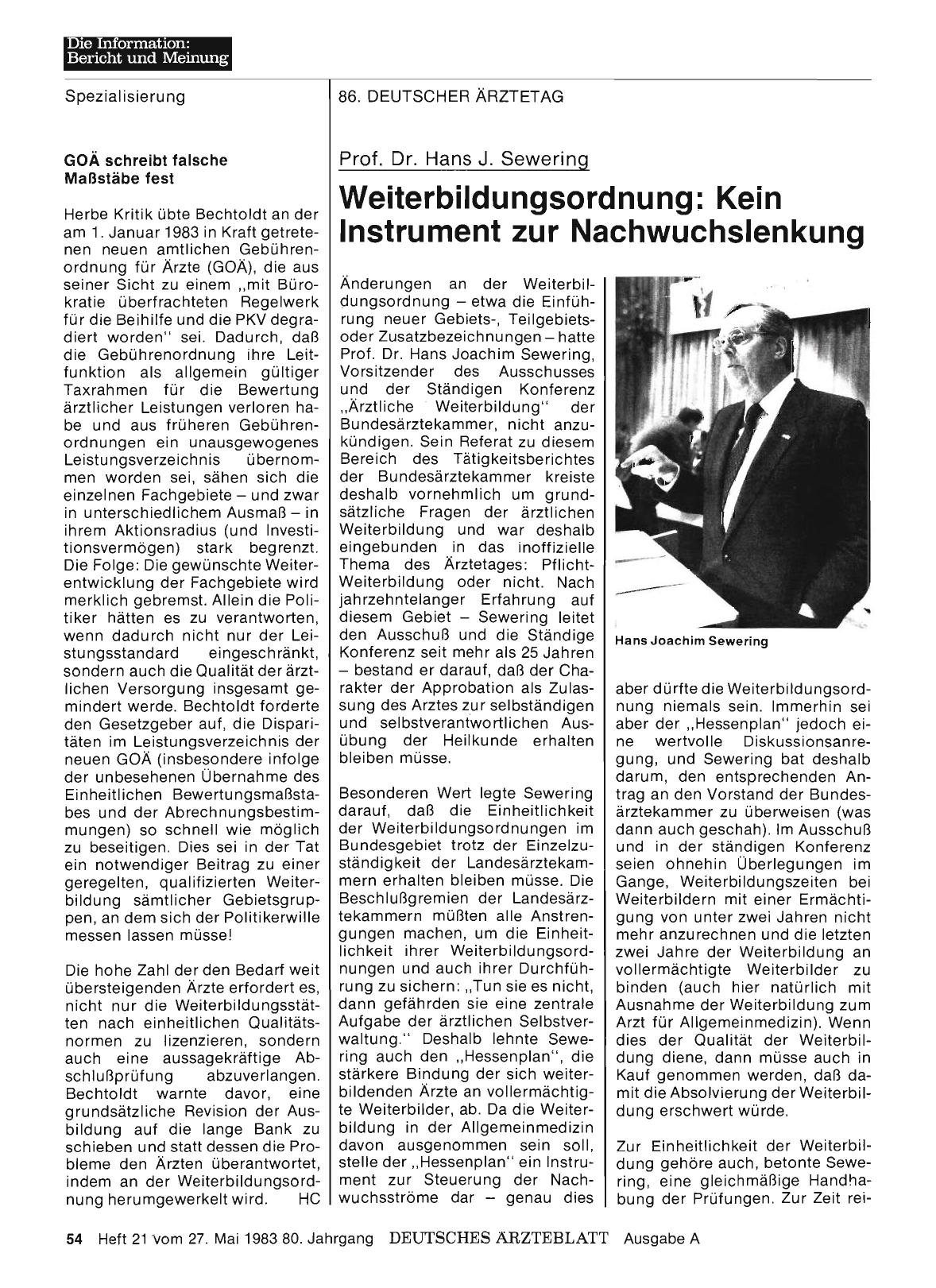 Vorschauseite 1: Prof. Dr. Hans J. Sewering: Weiterbildungsordnung: Kein Instrument zur Nachwuchslenkung