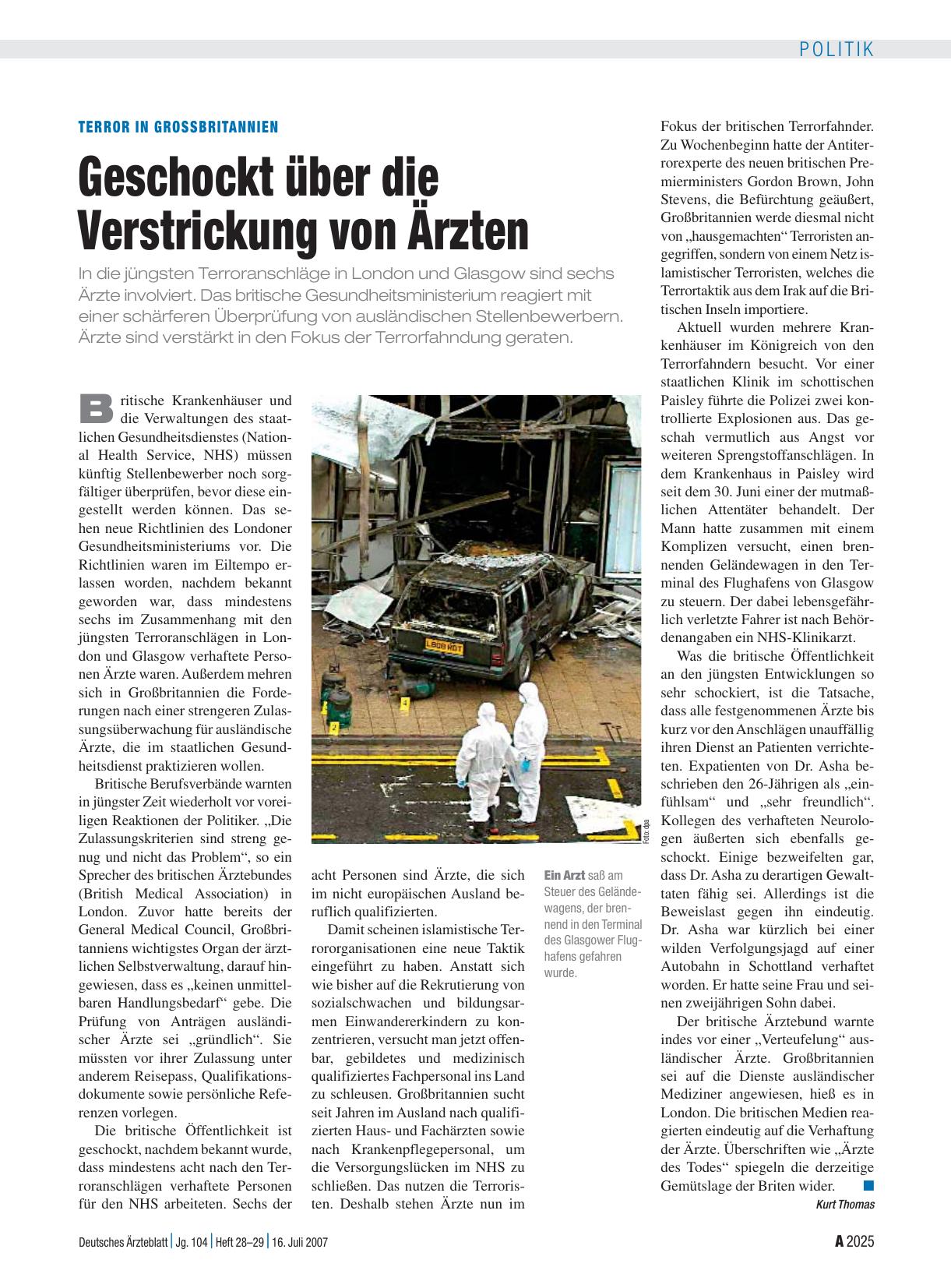 Vorschauseite 1: Terror in Grossbritannien: Geschockt über die Verstrickung von Ärzten