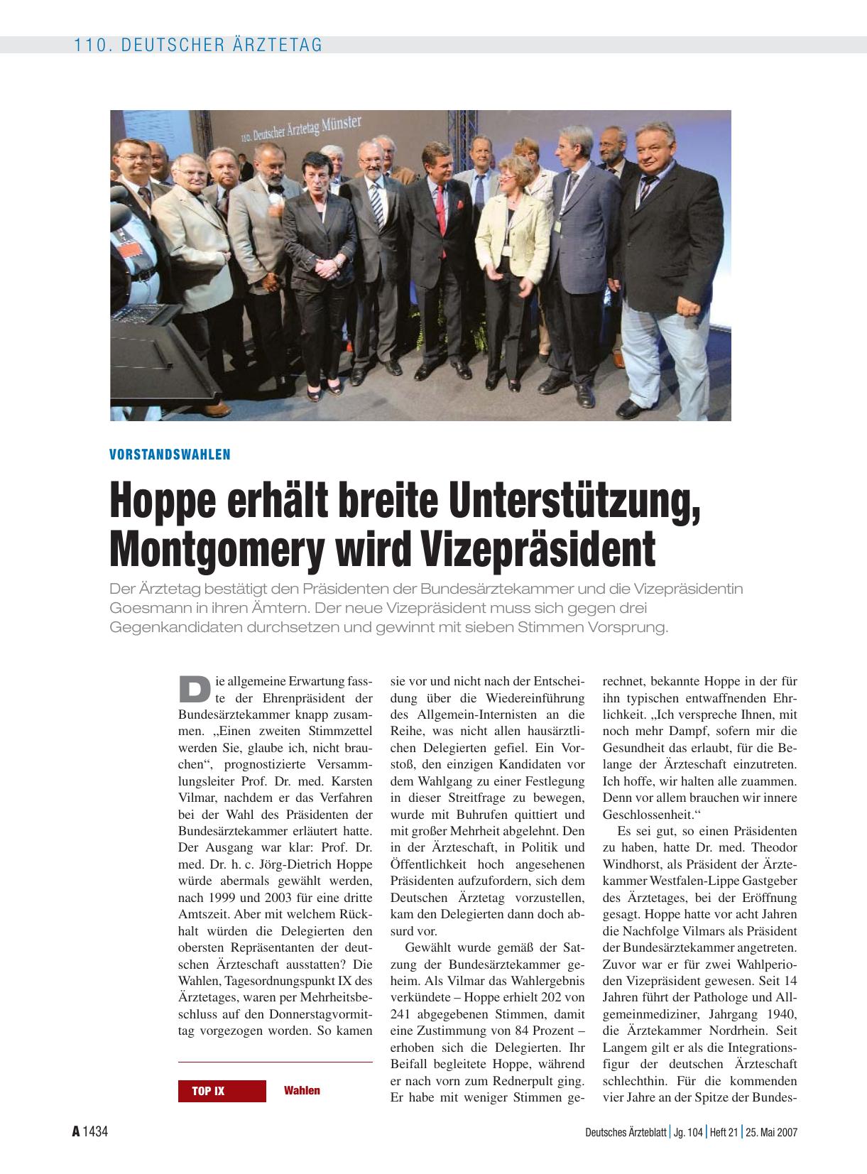 Vorschauseite 1: Vorstandswahlen: Hoppe erhält breite Unterstützung, Montgomery wird Vizepräsident