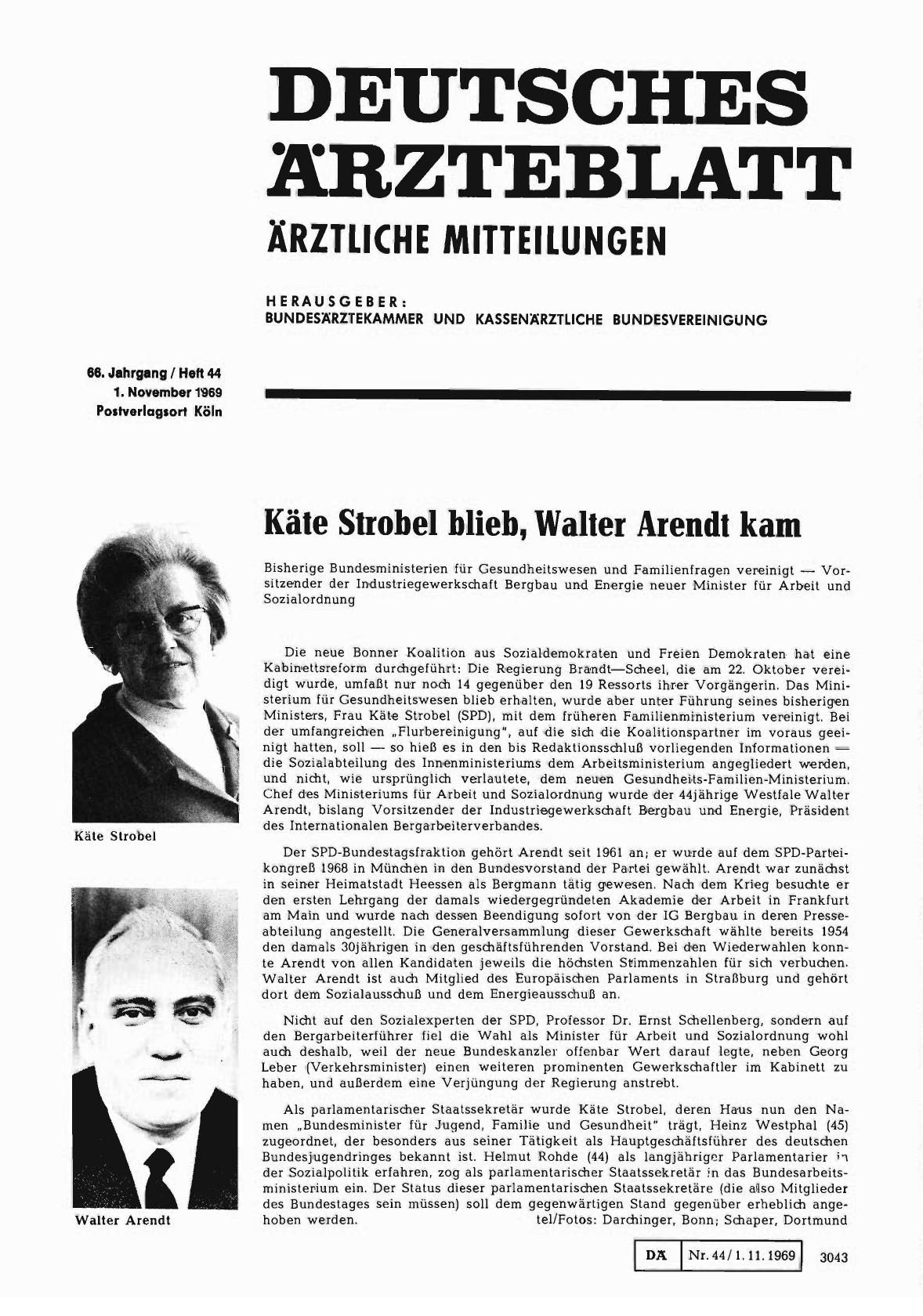 Vorschauseite 1: Käte Strobel blieb, Walter Arendt kam