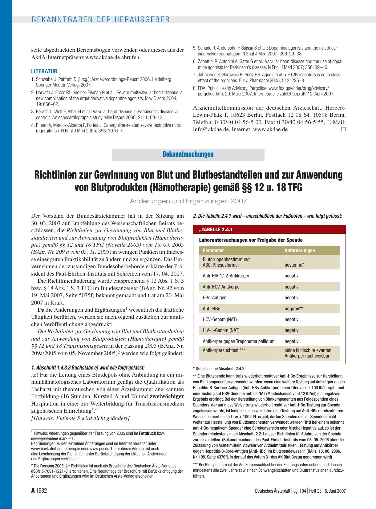 Vorschauseite 1: Bekanntmachungen: Richtlinien zur Gewinnung von Blut und Blutbestandteilen und zur Anwendung von Blutprodukten (Hämotherapie) gemäß §§ 12 u. 18 TFG Änderungen und Ergänzungen 2007