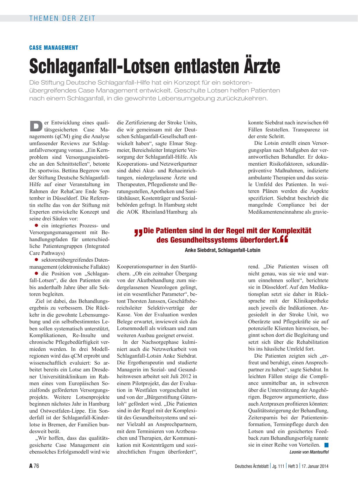 Vorschauseite 1: Case Management: Schlaganfall-Lotsen entlasten Ärzte