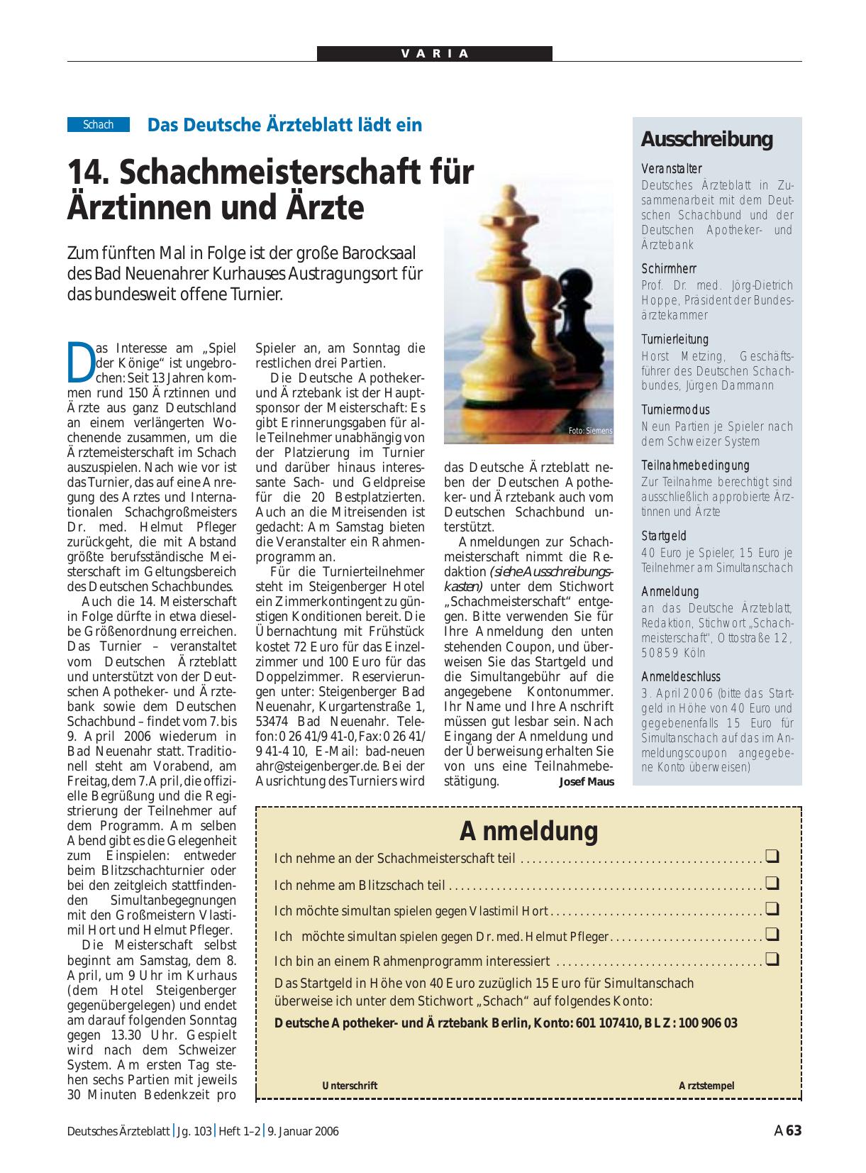 Vorschauseite 1: Das Deutsche Ärzteblatt lädt ein: 14. Schachmeisterschaft für Ärztinnen und Ärzte