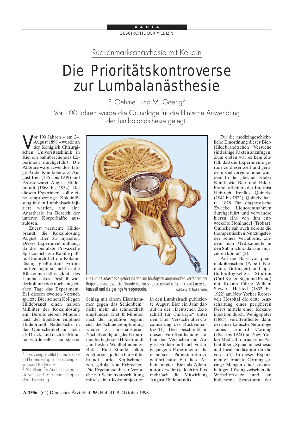 Vorschauseite 1: Rückenmarksanästhesie mit Kokain: Die Prioritätskontroverse zur Lumbalanästhesie