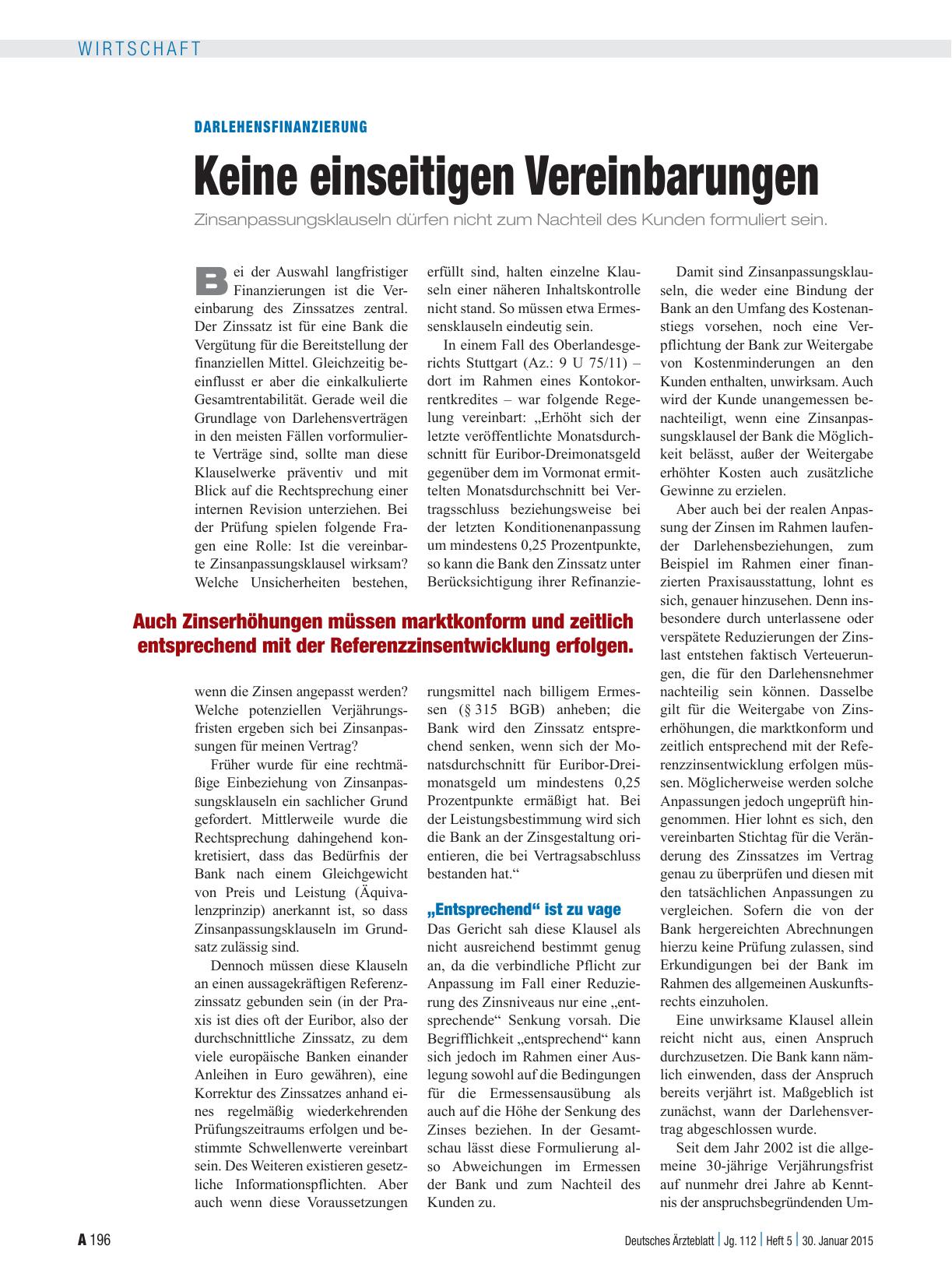Vorschauseite 1: Darlehensfinanzierung: Keine einseitigen Vereinbarungen
