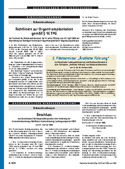 Vorschauseite 1: 2. Pilotseminar „Ärztliche Führung“ von Bayerischer Landesärztekammer und Bundesärztekammer zum Curriculum „Ärztliche Führung“ der Bundesärztekammer vom 23. bis 28. Oktober 2006