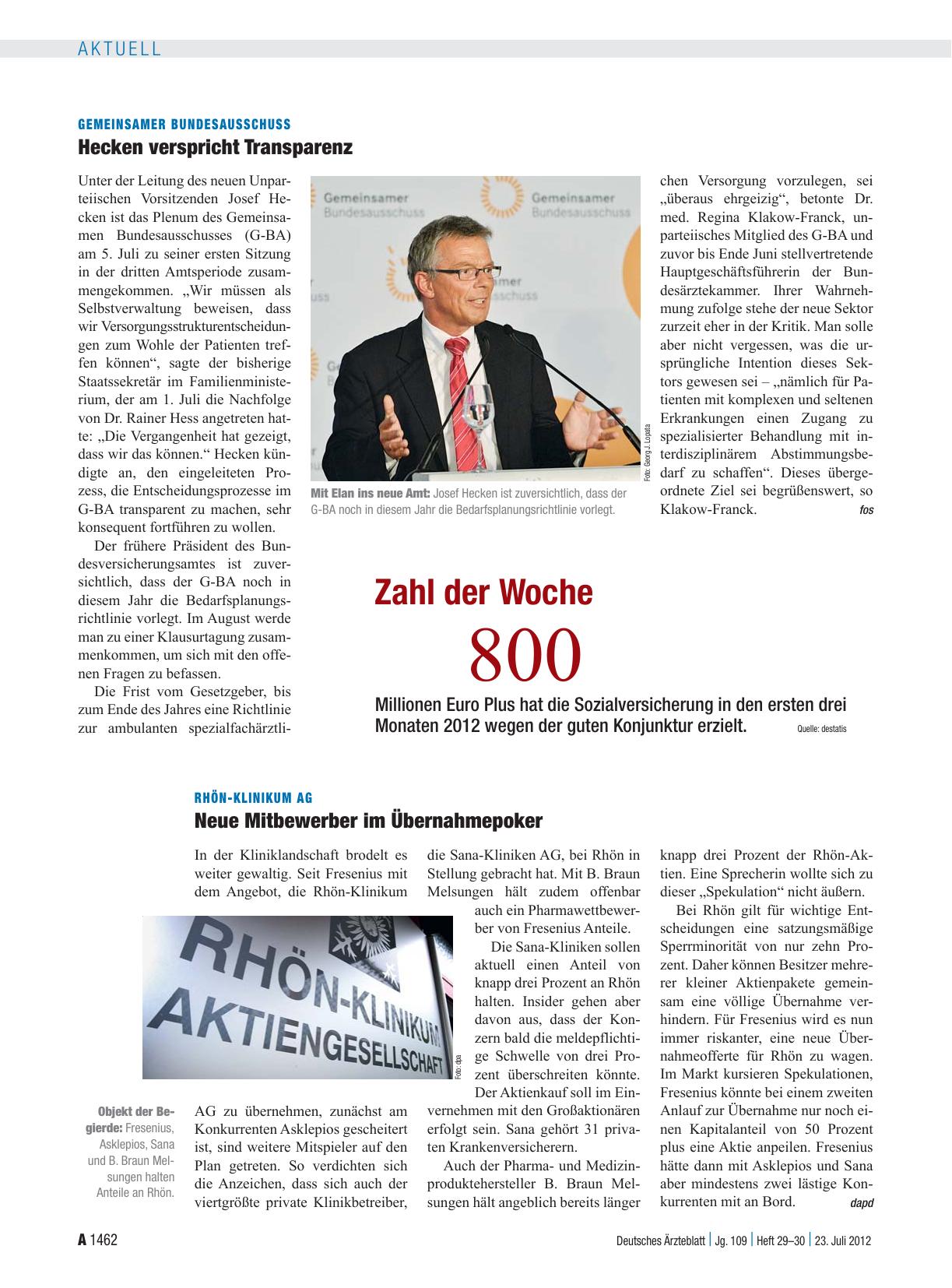 Vorschauseite 1: Gemeinsamer Bundesausschuss: Hecken verspricht Transparenz