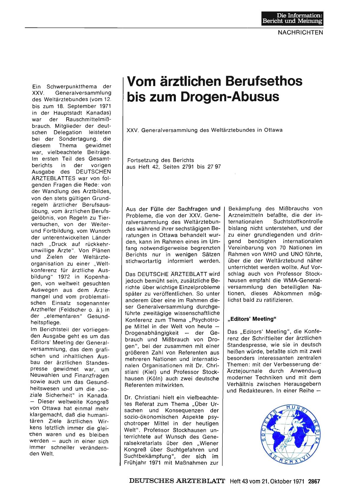 Vorschauseite 1: Vom ärztlichen Berufsethos bis zum Drogen-Abusus (XXV. Generalversammlung des Weltärztebundes in Ottawa )