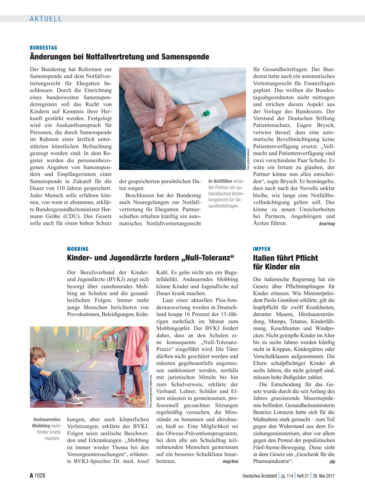 Vorschauseite 1: Mobbing: Kinderund Jugendärzte fordern „Null-Toleranz“