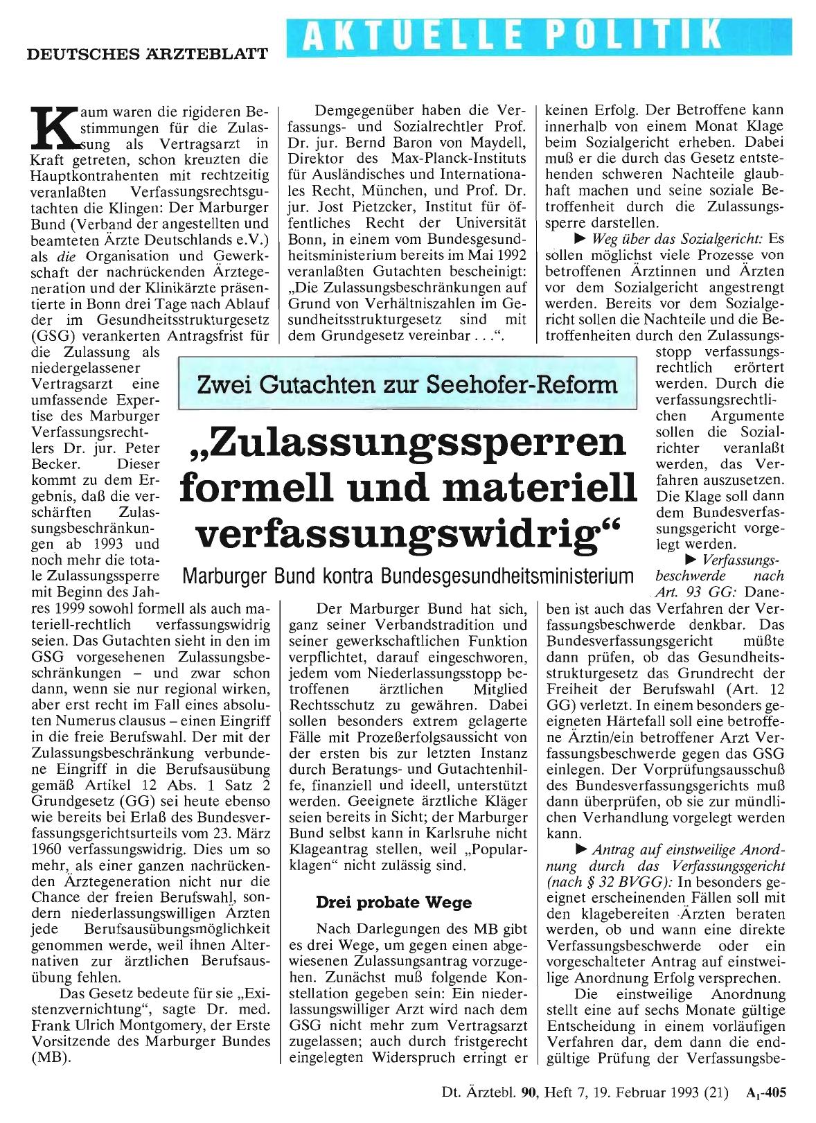 Vorschauseite 1: Zwei Gutachten zur Seehofer-Reform: ,, Zulassungs sperren formell und materiell verfassungswidrig''