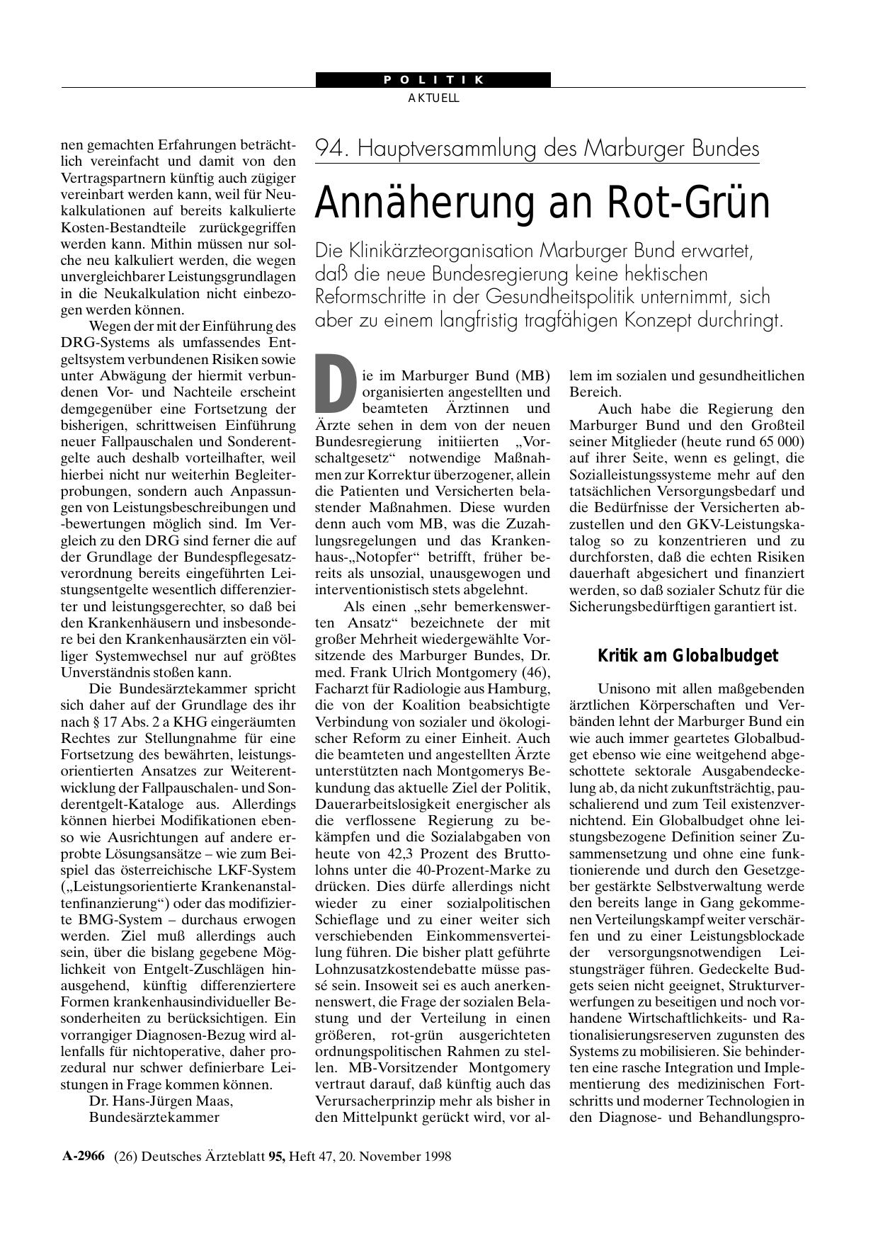 Vorschauseite 1: 94. Hauptversammlung des Marburger Bundes: Annäherung an Rot-Grün