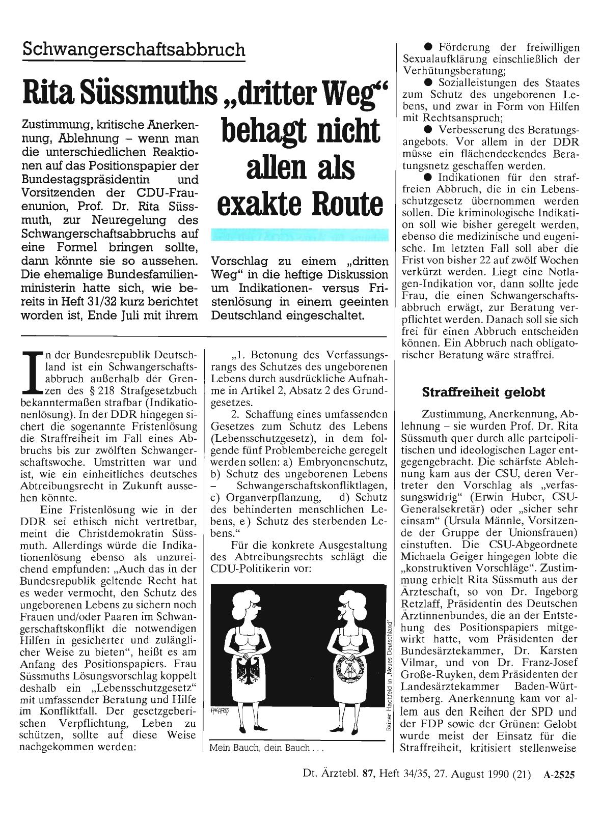 Vorschauseite 1: Schwangerschaftsabbruch: Rita Süssmuths „dritter Weg“ behagt nicht allen als exakte Route