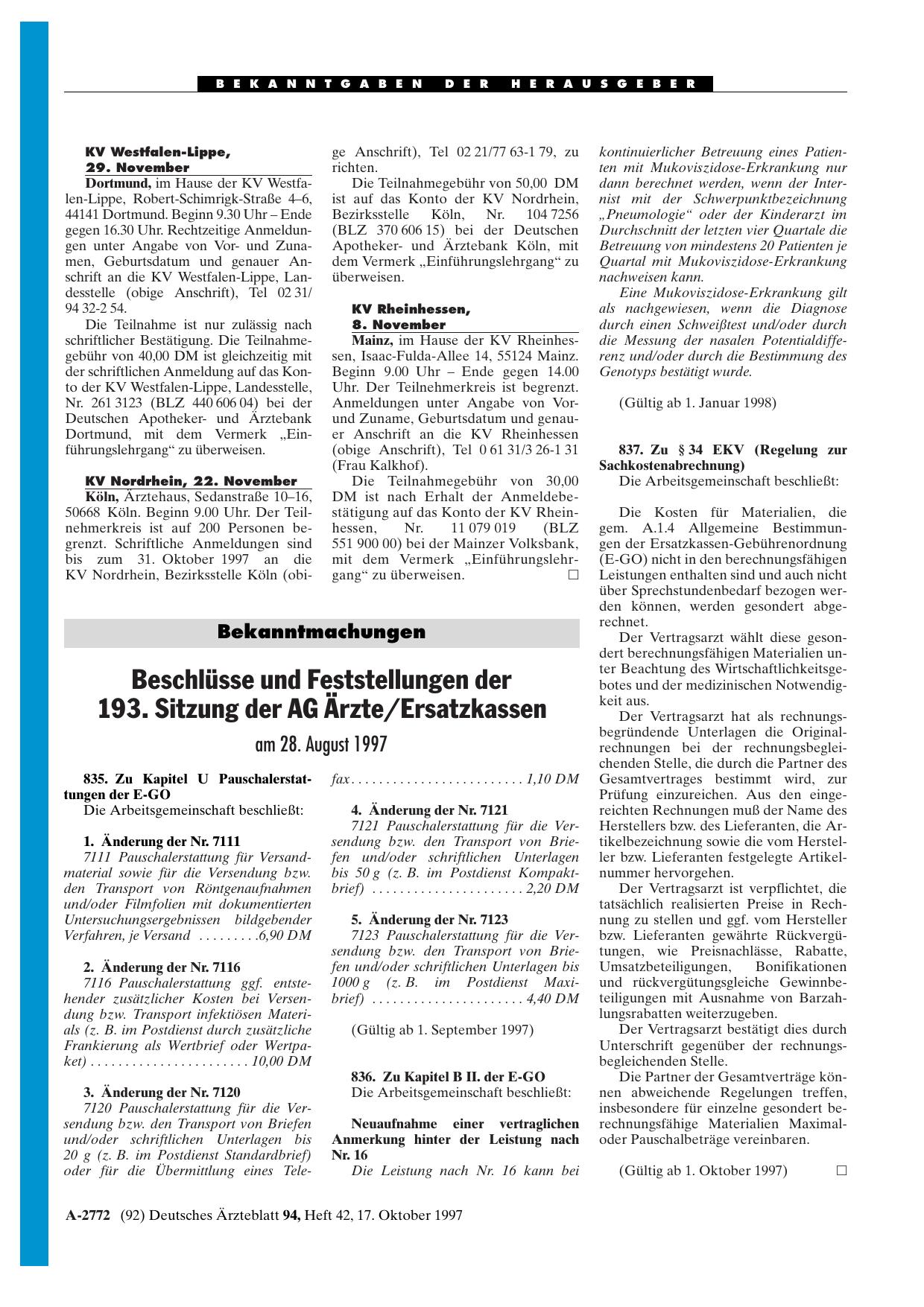 Vorschauseite 1: Beschlüsse und Feststellungen der: 193. Sitzung der AG Ärzte/Ersatzkassen am 28. August 1997